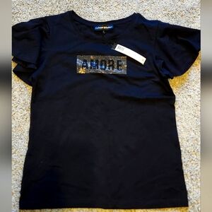 NWT Catherine Malandrino ruffle sleeve tshirt size M black